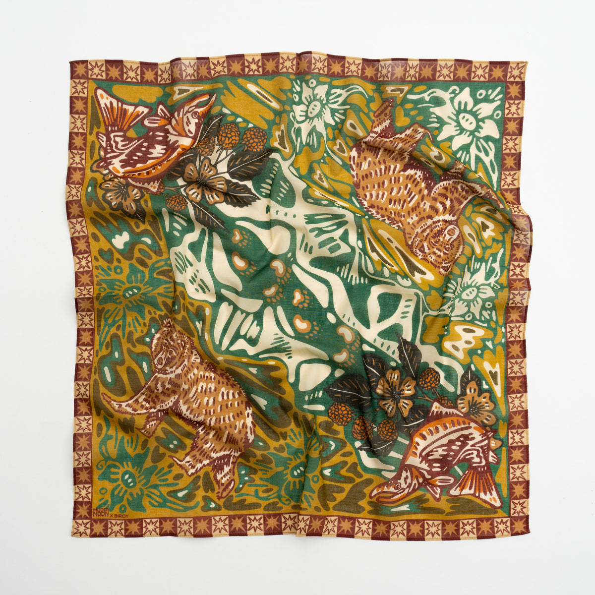 A square silk scarf featuring a detailed, vintage-style illustration of a tiger, fish, butterflies, and floral motifs in green, mustard yellow, brown, and cream, finished with a patterned border.