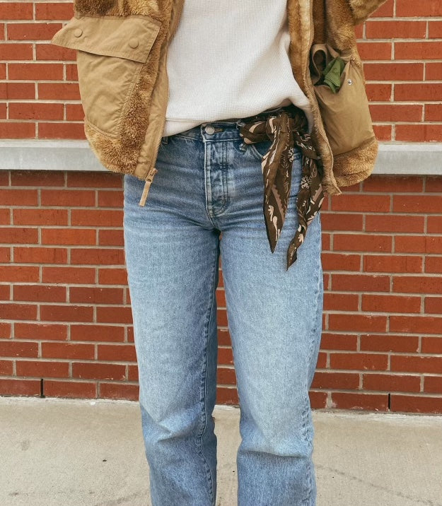 the brown mabel bandana tied around belt loop for an addition dimension to outfit