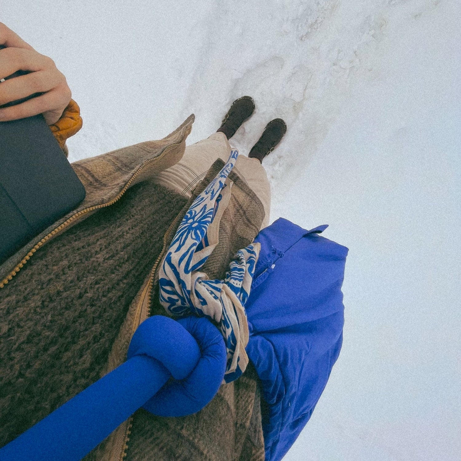 blue purse wrapped in the sofia bandana or scarf for a pop of color