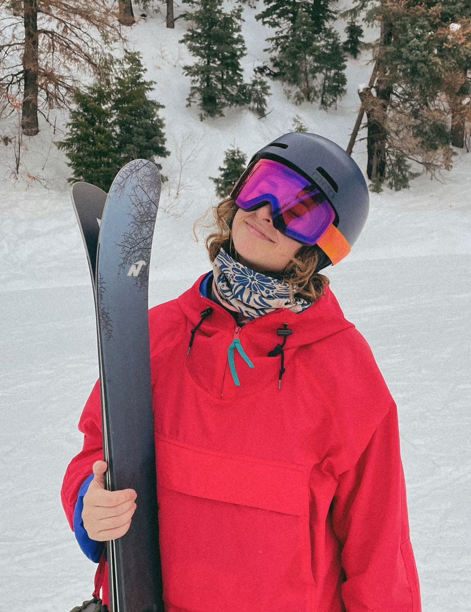 girl wearing the sofia birdy bandana as a balaclava on a ski day